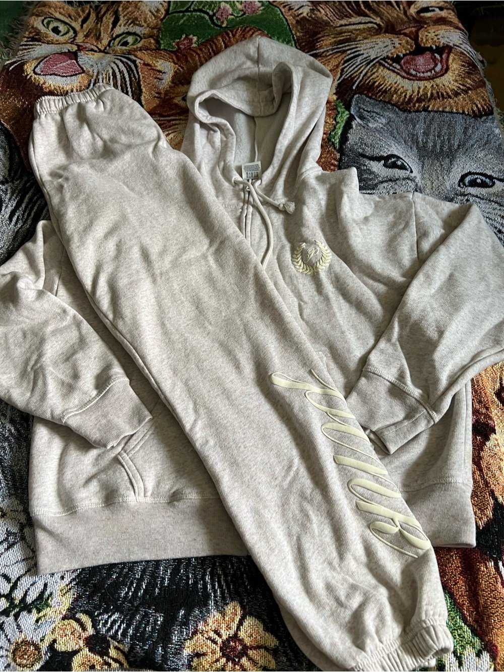 PINK Victoria's Secret Crewneck Hoodie and Joggers Set - Light Cream